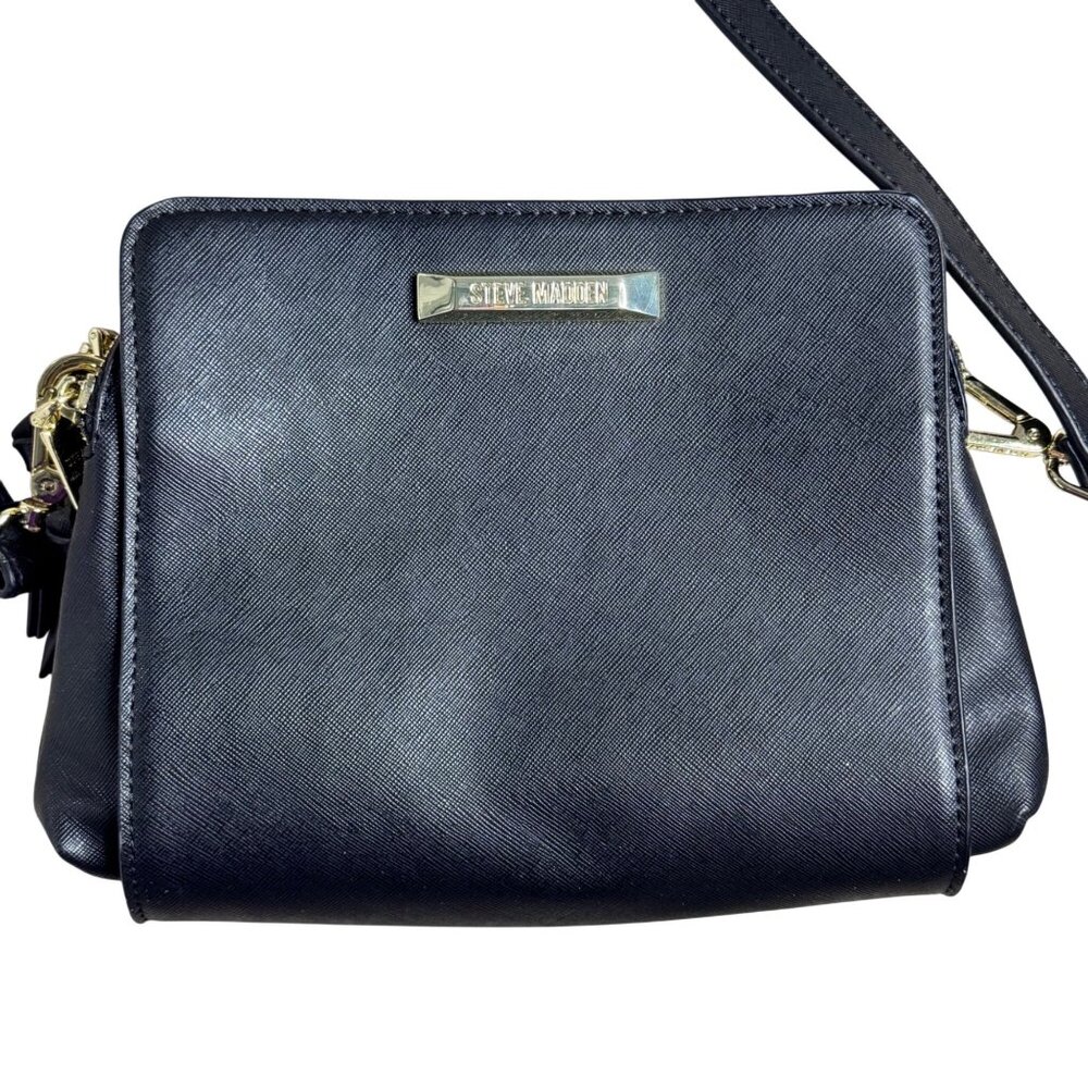 Steve Madden Black Faux Leather Crossbody Bag w/ Multiple Zip Compartments